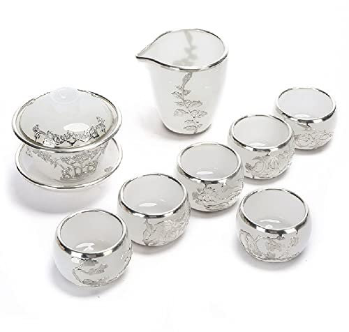 DOOKAA Set da Te Set Te Set da tè Kung Fu Cinese con Servizio da tè Set da tè Kung Fu smaltato in Oro intarsiato con Coperchio in Argento Ciotola Tazza da tè Justice Cup Set Completo(Color:1,Size:)