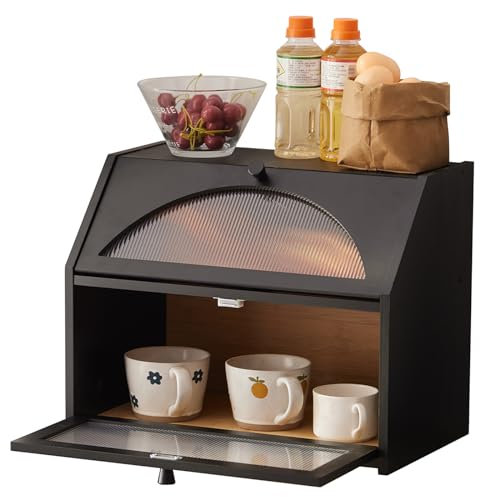 Double Layer Bread Box for Kitchen Countertop,Large Bread Box for Kitchen Counter,Bamboo Wood Bread box Capacity Storage Bin(Black)