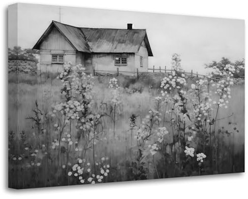 LZIMU Stampe su tela di campagna francese Quadro di case di campi di fiori selvatici di paesaggi retrò Opere d'arte in bianco e nero Decorazione murale rustica(Quadri-1, (70.00 x 105.00 cms))