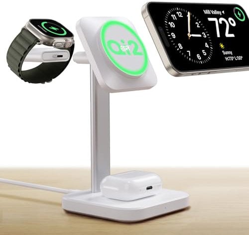 ESR Qi2 3-in-1 Wireless Charging Station, [Certified] Apple Watch Charger & 15W MagSafe Charger Stand for iPhone, Wireless Charger for iPhone 17/16/15/14/13, Watch & AirPods 4/3, White