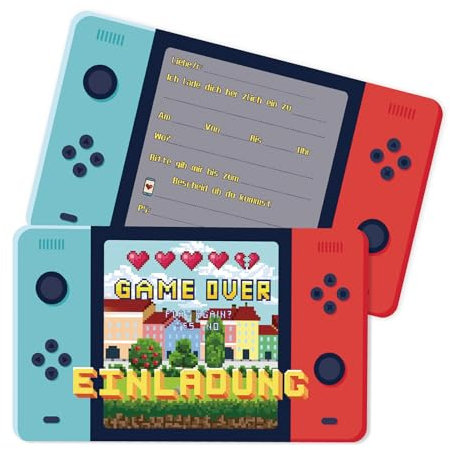 12pcs Video Gaming Spiel Einladungskarten, Einladungskarten für Mädchen & Jungen Kindergeburtstag, Video Gaming Spiel Einladungskarten, Videospiel Gamer Pixelmotiv