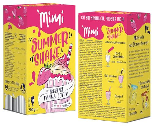 Mimi Summer Shake Fraise Panna Cotta 16 x 200 g de 10 portions – Boisson d'été rafraîchissante, poudre soluble au goût de fraise – Fruité