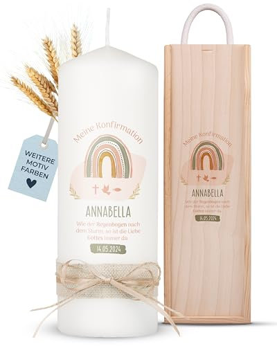 AMARI ® Konfirmationskerze personalisiert Regenbogenzauber (002.09.04) 20/7 cm- Kerze Konfirmation - Konfirmationskerze mit Namen und Datum - Konfirmation Kerze personalisiert Mädchen Junge