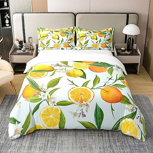 Loussiesd Zitrone Betten Set Sommer Tropische Frucht 100% Baumwolle Bettwäsche Set 155x220cm für Kinder Zitrone Floral Dekor Bettbezug Set Orange Grün Bettwäsche-Set Schlafzimmer Bettwäsche