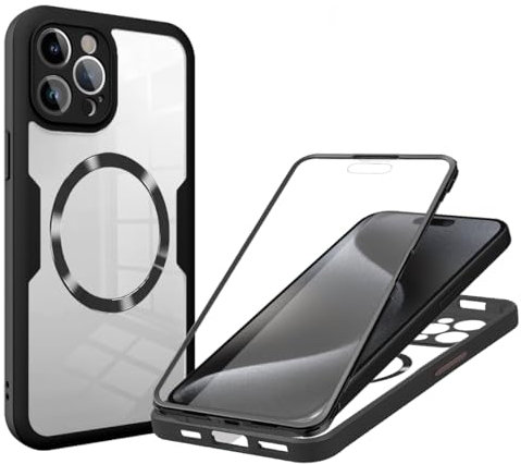 Beajew 360 Grad für iPhone 12 Pro Max Hülle mit Magsafe, Komplettschutz HandyHülle Magnetisch Stoßfest Case für iPhone 12 Pro Max Schutzhüllen, durchsichtige Hülle, Schwarz