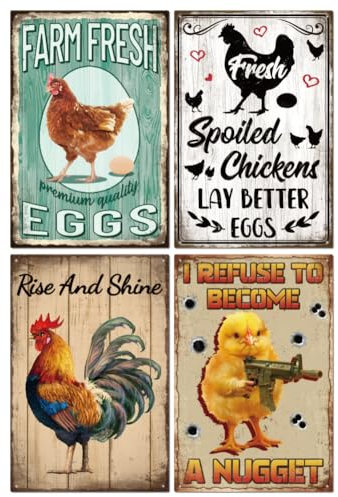 GLOBLELAND Set di 4 cartelli in metallo con gallina, motivo: gallina, fattoria, uova di gallina, 30 x 20 cm, decorazione da parete per casa, cucina, fattoria, ristorante