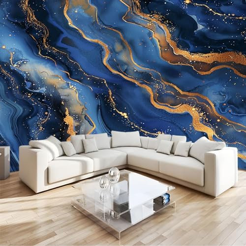 Papier Peint Intissé Texture marbre or bleu Effet 3D Tapisserie Murales Papier Peint 200 x 140 cm Muraux Photo Décoration Murale Salon Chambre