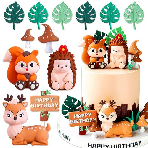 JeVenis Woodland Geburtstag Deko Tortenaufleger Waldtiere Tortendeko Wald Tiere Kuchen Toppers Eichhörnchen Igel Schnecke Kuchen Figuren