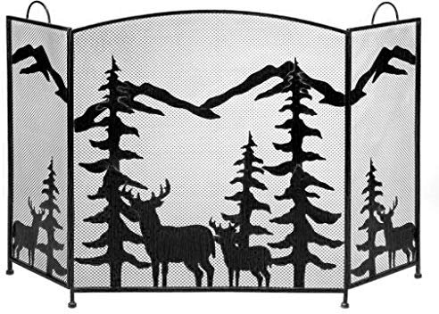 ZWDCVFGK Fire Guard Screen Fireplace Screen 3 Panel Fireplace Screen Black Spark Guard Cover Elk Christmas Tree Metal Fireplace Screen Spark Guard Cover