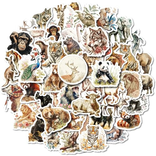 50 Pcs Retro Watercolor Animals Stickers for Children Teens Girls Boys Adults,Wild Animal Stickers for Laptop,Water Bottles,Bicycle,Skateboard,Computer,Waterproof Vinyl for Wall, Graffiti Stickers