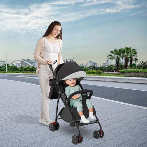 Passeggino leggero e compatto da 0 mesi a 4 anni, capacità di carico massima di 25 kg, passeggino pieghevole, schienale reclinabile, pieghevole automatico in 1 passo, baldacchino, A-nero