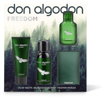 Don Algodón Freedom Geschenkset enthält ein Freedom Eau de Toilette 30 ml, Duschgel 75 ml, Deospray 100 ml und einen metallischen Kartenhalter.