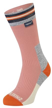 SEALSKINZ Surlingham Waterproof All Weather Mid Length Striped Cuff Sock, Pink, S