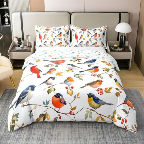 Loussiesd Vögel 100% Baumwolle Bettwäsche Set 135x200cm Zweige Bettbezug Set für Kinder Mädchen Jungs Blume Betten Set Fröhlich Bettwäsche-Set Elfenbein