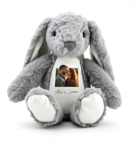 Love Faith personalisierter Stoffhase - Grau - Foto & Namen 34 cm