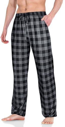 AUYAO Pantalon Pyjama Homme, Vêtements de Nuit et de Détente Maison, Long de Couleur Unie/Treillis avec Cordon de Serrage