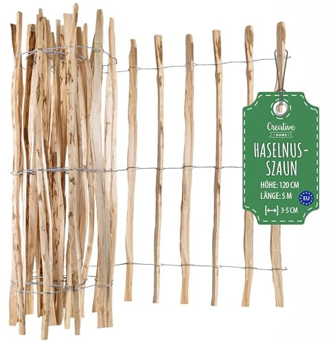 Creative Home Staketenzaun 120cm hoch und 5m lang | Haselnusszaun | Rollzaun | Lattenabstand 3-5 cm | Gartenzaun Holz Holzzaun | Zaun Garten Ideal als Rasenkante Blumenbeet Umrandung aus Haselnuss