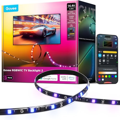 Govee TV LED Backlight 2 Cuttable to fit, RGBWIC 4.4m LED Strip Lights for 32-70 Inch TVs to Easy Install, TV Backlight with 210+ Scene Modes Work with Matter, Music Sync, Smart App Control, DIY