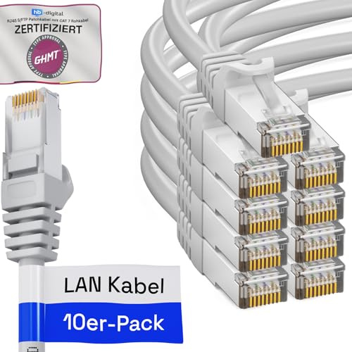 HB-DIGITAL Lot de 10 câbles LAN RJ45 de 1 m avec câble brut CAT 7 S/FTP – Certifié GHMT – Câble réseau Ethernet 10 Gigabit en cuivre professionnel PiMF pour panneau de brassage, commutateur, routeur