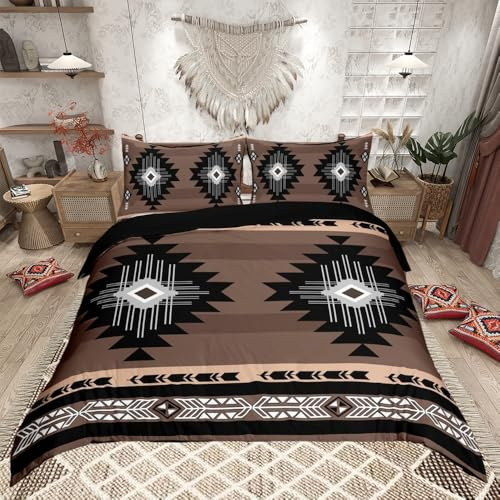 richhome Boho-Bettwäsche-Set, für Einzelbett, südwestliches Azteken-Bettwäsche-Set, indische Tribal-Geometrie, Retro, exotisch, Boho-Bettwäsche-Set, Dunkelgrau