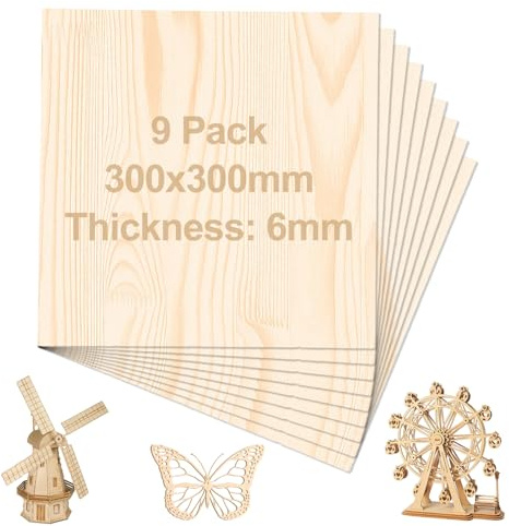 DAJAVE 9 fogli di compensato da 6 mm, 300 x 300 mm, fogli di legno di betulla non finiti, tagliati a misura, per artigianato, pittura, modellismo, incisione sul legno