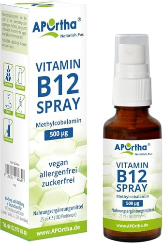 APOrtha® Vitamin B12 veganes Spray, 500 µg Methylcobalamin, 25 ml, Mundspray mit B12 Vitamin, hochdosiert, allergenfrei, vegan, alkoholfrei, glutenfrei, Alternative zu Tropfen und Tabletten