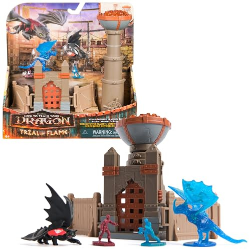 Dreamworks Dragons Trial of Flame Torch Tower Toy Figure Playset | Load & Launch Boulder,Toothless, Monstrous Nightmare & 2 Viking Action Figures, Pretend Play Gifts for Kids Ages 4+