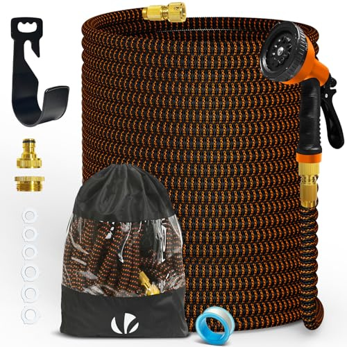 VOUNOT Flexibler Gartenschlauch 45 m, Flexibel Wasserschlauch Dehnbarer mit 10 Sprühfunktionen, 1/2 Zoll und 3/4 Zoll Messinganschlüssen, Aufbewahrungstasche inklusive, Orange