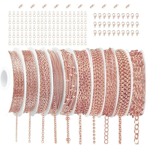 Jewelry Chain, DIY Spool Gold Jewelry Making Chains with Jump Rings, Stainless Steel Lobster Clasps, Women Bracelet Earring Craft DIY Supplies for DIY Craft Chain Making (10 Styles 2.4m (Rose Gold))