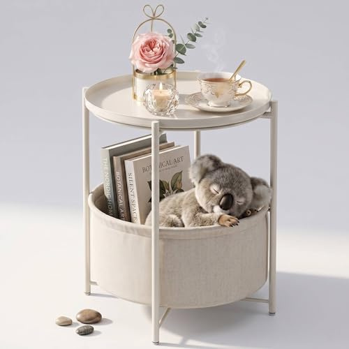 danpinera Beistelltisch Rund, Beistelltisch Klein mit Korb, Kleiner Tisch für Nachttisch, Schlafzimmer, Kinderzimmer, Metalltisch Balkon Tisch White