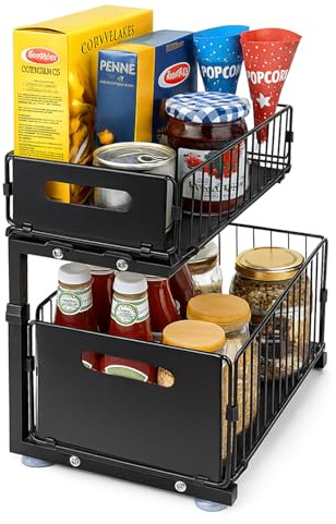 GreenWhim Under Sink Storage 2-Tier Under Sink Organizer for Kitchen Bathroom, Adjustable Metal Shelves Organiser with Sliding Drawer Sliding Basket Storage cupboard organiser (1)
