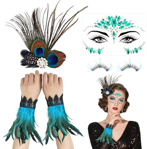 GTJEOI Pfau Kostüm Damen, Pfau Haarschmuck + Feder Manschetten Hand + Glitzersteine Gesicht, Pfauenfedern Haarschmuck, pfaus Accessoires zum Karneval Festival Cosplay