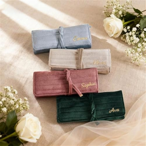 PGORSDOR Personalisierter Samt-Schmuckrollen-Organizer, individuelle Reise-Schmuckrolle, Hochzeit, Party, Kulturtasche mit Namen (Dunkelrosa)