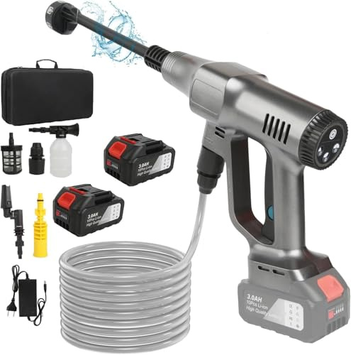 Nettoyeur Haute Pression sans Fil, 21V Max 200 Bar Nettoyeur Haute Pression sur Batterie 6,0Ah, Press & Clean Pistolet de Lavage avec écran LCD de Puissance et 3 Vitesses (Argent)
