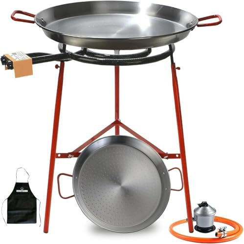 Bricolemar Paellero a Gas 50 cm + Kit Completo (Paellera 60 cm + Paellera de 42 cm + Patas Reforzadas + Regulador + Manguera + Delantal)