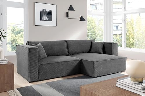 Furnisell KEYMON Cord Ecksofa mit Schlaffunktion und Bettkasten, Schlafsofa mit 200 x 136 cm Liegefläche (Grau)