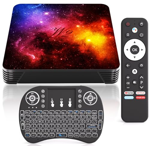 Android TV 14, 4 GB RAM 128 GB ROM Mali-G31, WiFi 2.4G & 5G, Bluetooth 4.2, 4K UHD 3D, porte USB & HDMI, mini tastiera e supporto IPTV