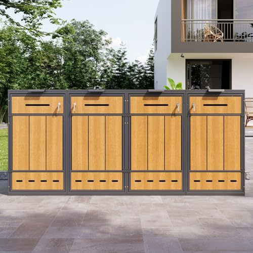 Abri pour poubelles, pouvant accueillir 4 poubelles (120-240 litres), avec des Trous d'aération, des Compartiments de Rangement pour Les poubelles, verrouillable