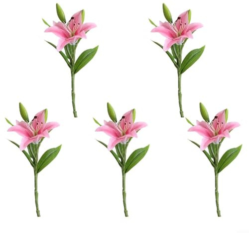 Glewi 5 fiori di giglio artificiali, realistici, in lattice, lunghi 38 cm, steli in plastica, per bouquet di nozze, decorazione per la casa e le feste (rosso chiaro)
