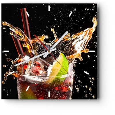 Modern Wanduhr Trinken saft Cocktail nachtisch 40x40cm Quadrat Groß Wand Uhr Glas Analog Zimmeruhren Küche Büro Wohnzimmer Glasuhr Wall Clock Dekoration Design Wanddekoration Küchenuhr C3AC40x40-2223