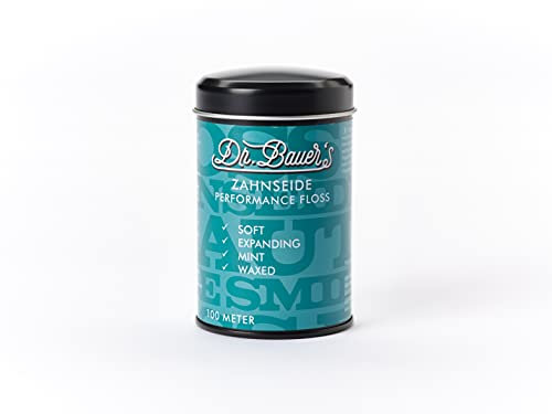 Dr. Bauers Premium Zahnseide 100m in stylischer schwarzer Metalldose mit Deckel, nachfüllbar, mit Minze Geschmack - Expanding-Floss - gewachst
