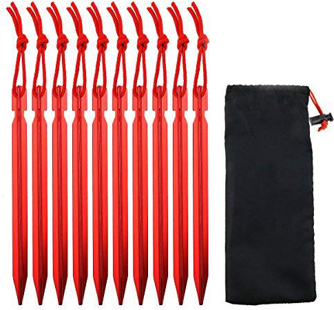 Dawa Zelthering, 10 Stück 17,8 cm Aluminium-Legierung Pfahl mit Seil, dreikegelförmiger Ankerpfahl, leicht und tragbar, rot, inklusive Oxford-Tasche