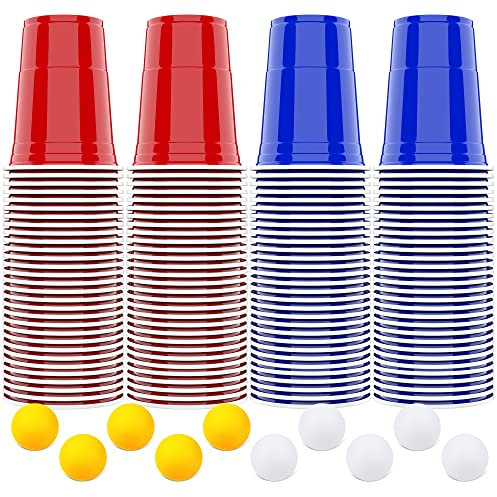 AOLUXLM Jeux à Boire Gobelets,100 American Tasses et 10 balles, 16oz/473ml Plastique Réutilisables gobelets de Fête Cadeau pour Barbecue, Camping Jeu