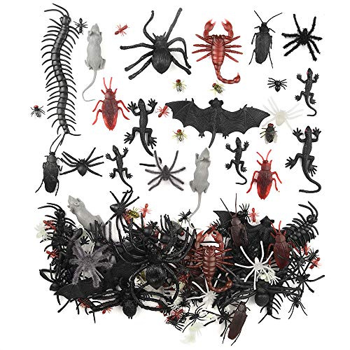 FEPITO 160 PCS Plastique Halloween Araignées Cafards Scorpions Rats Geckos Centipedes Mouches Chauves-Souris Bogues Réalistes Insectes Jouets Prank Nouveauté pour Halloween Décorations