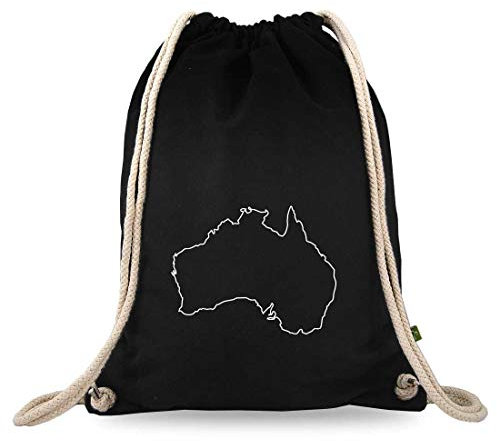 Turnbeutelliebe® Turnbeutel mit Spruch - Weltentdecker - Verschiedene Motive - Baumwolle schwarz - Sportbeutel - Rucksack - ca. 12 Liter - 37 x 46 cm (Australien Kontur Umrisse)