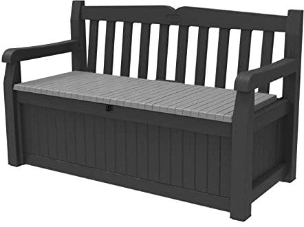 Keter Solana 70 Gallon Storage Bench Deck Box for Patio Furniture, Front Porch Decor and Outdoor Seating – Perfect to Store Garden Tools and Pool Floats, Graphite