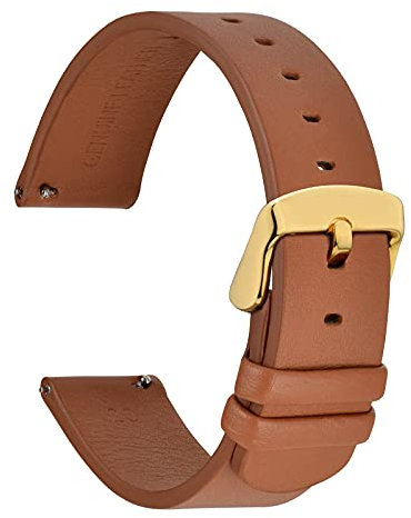 WOCCI 20mm Dünne Flache Leder Uhrenarmband für Smartwatch mit Goldener Schnalle (Braun)
