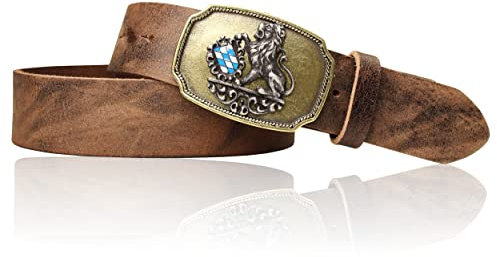 FRONHOFER Trachtengürtel mit Gürtelschnalle bicolor und Bayern Wappen, 17906, Größe:Körperumfang 95 cm/Gesamtlänge 110 cm, Farbe:Vintage-braun