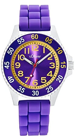 s.Oliver Armbanduhr Mädchen Kinder Quarzuhr Analog, mit Silikon Armband, Lila, 3 bar Wasserdicht, Kommt in Uhren Geschenk Box, 2033508