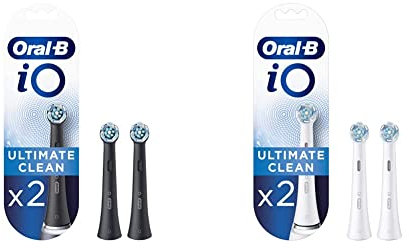 Oral-B iO Ultimate Clean Electric Toothbrush Head, Pack of 2, Black & iO Ultimate Clean Electric Toothbrush Head, Twisted & Angled Bristles for Deeper Plaque Removal, Pack of 2, White